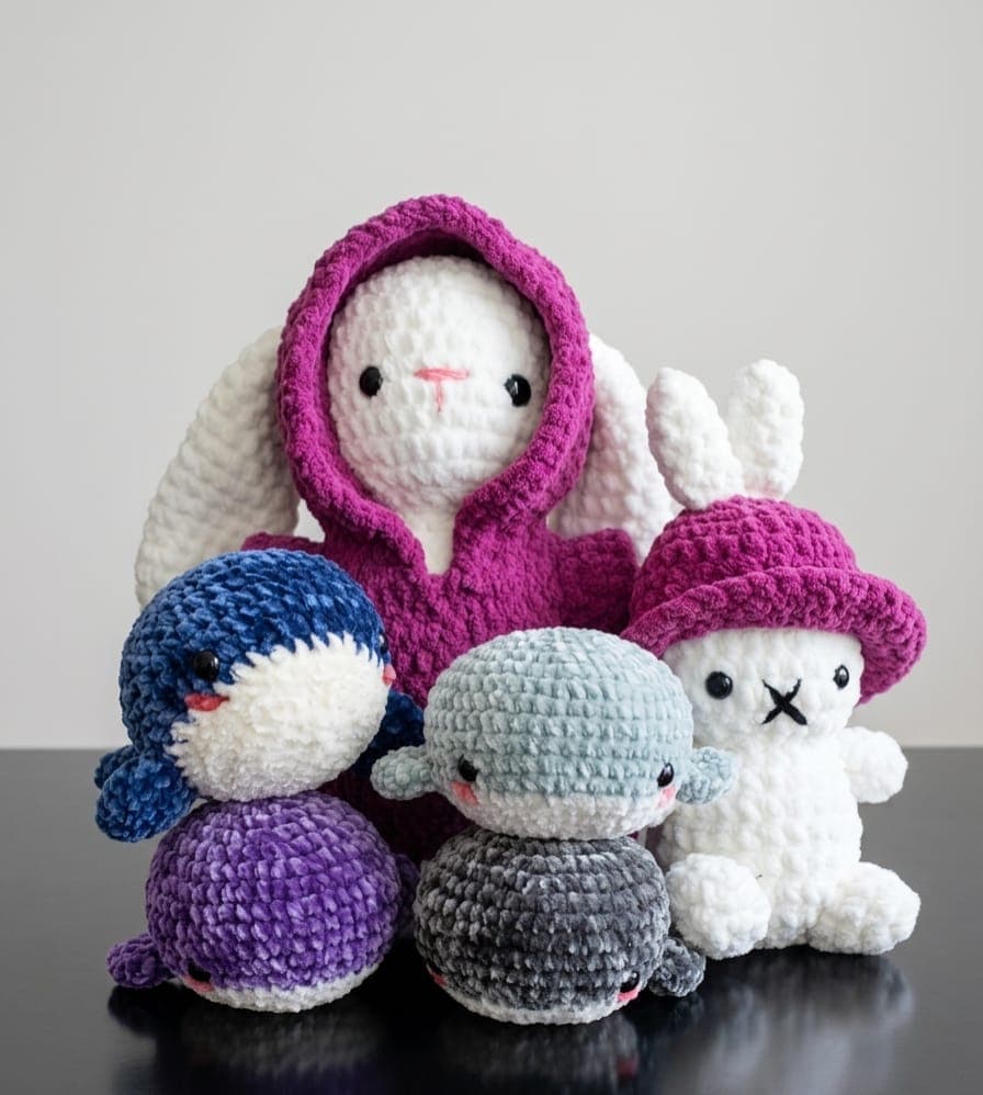 Een familie handgemaakte haakknuffels — konijntjes, een pinguïn en kleine walvisjes — samen bijeen